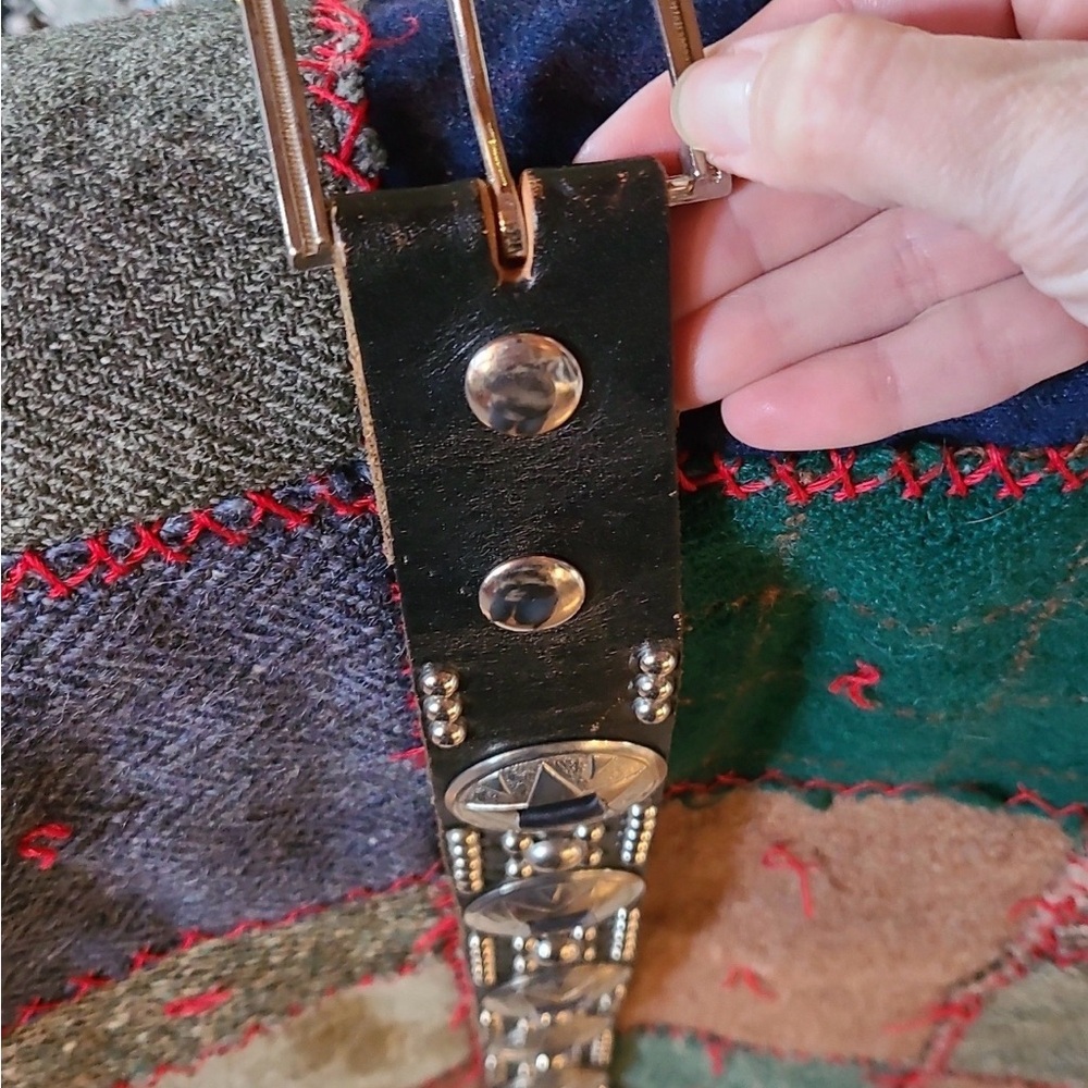 Studded Black leather Belt with Silver concho Accents - Picture 3 of 4
